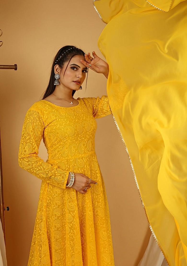 Yellow Ethnic Motifs Embroidery Poly Blend Anarkali Set