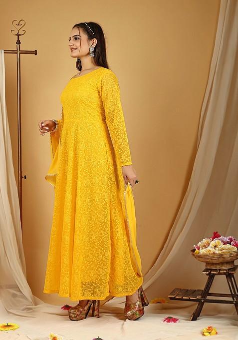 Yellow Ethnic Motifs Embroidery Poly Blend Anarkali Set
