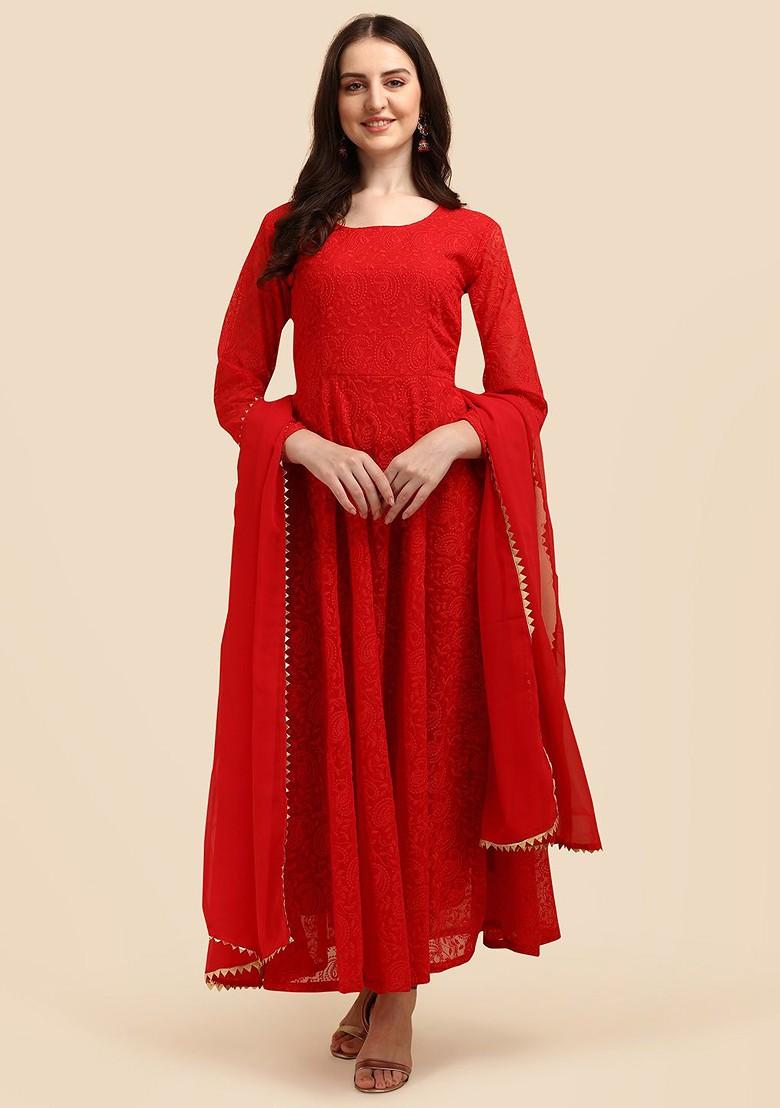 Red Ethnic Motifs Embroidery Poly Blend Anarkali Set