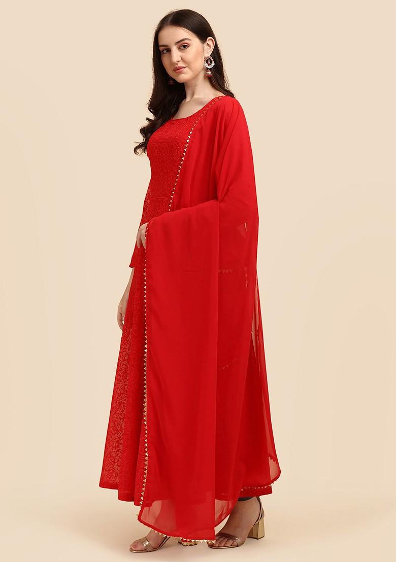 Red Ethnic Motifs Embroidery Poly Blend Anarkali Set