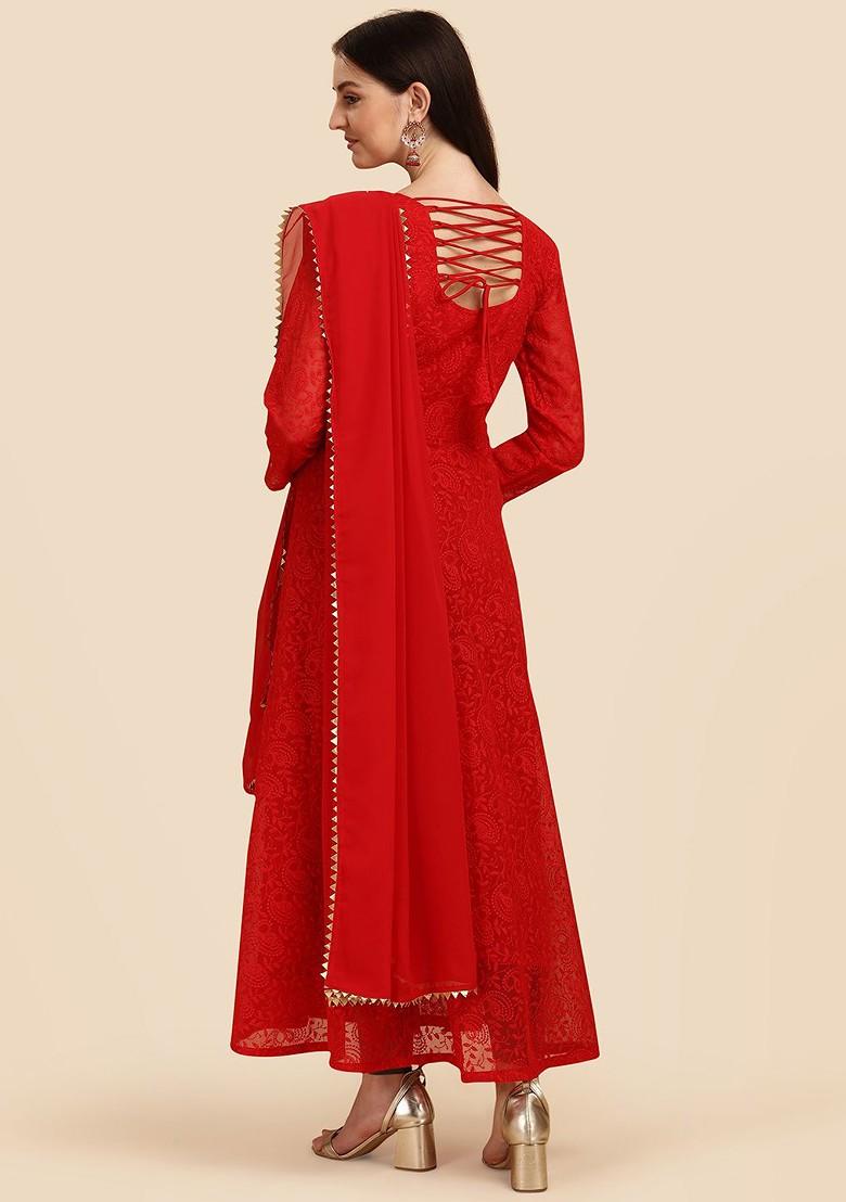 Red Ethnic Motifs Embroidery Poly Blend Anarkali Set