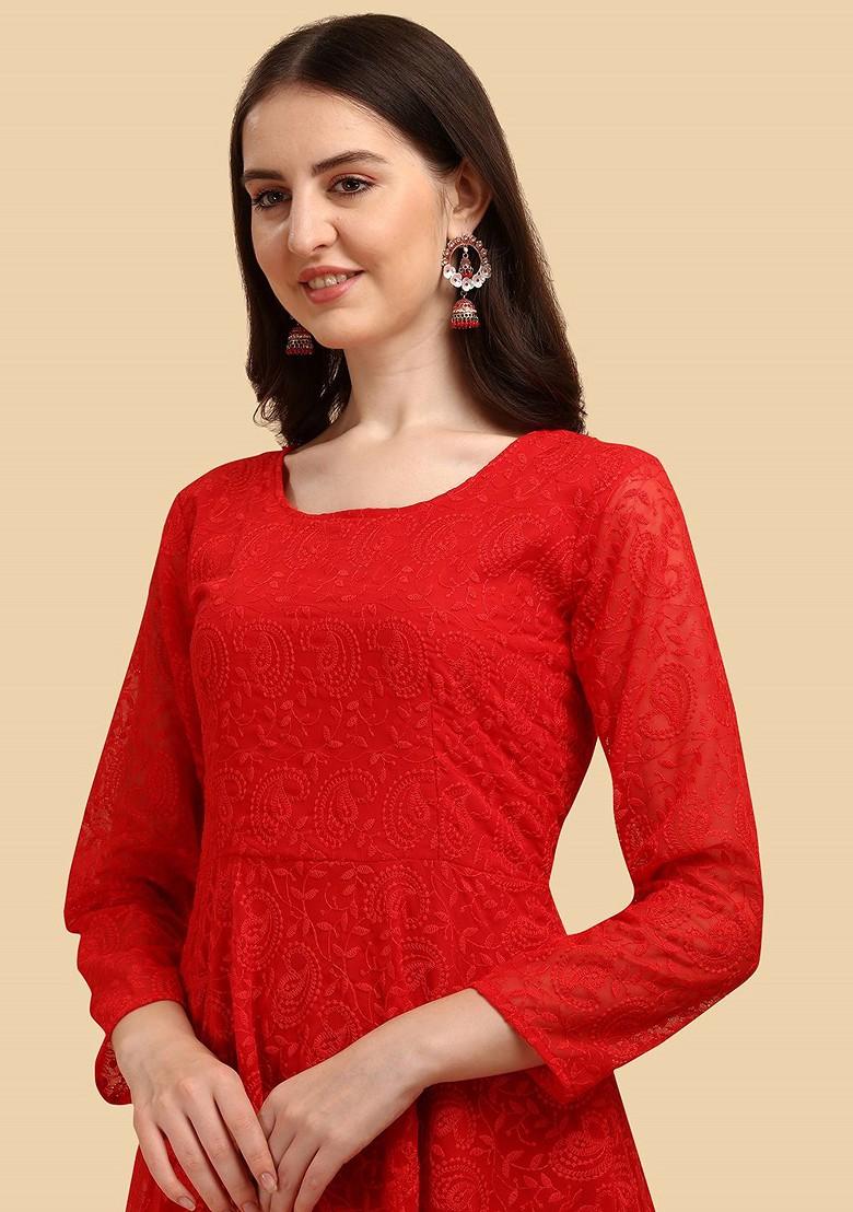 Red Ethnic Motifs Embroidery Poly Blend Anarkali Set