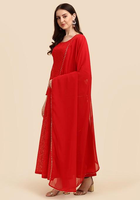 Red Ethnic Motifs Embroidery Poly Blend Anarkali Set