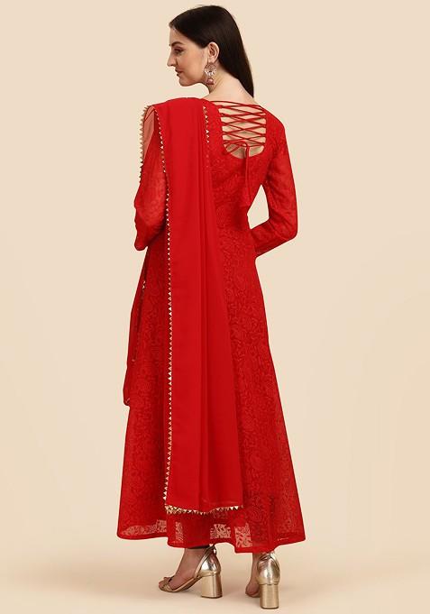 Red Ethnic Motifs Embroidery Poly Blend Anarkali Set