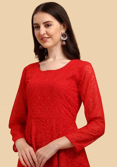 Red Ethnic Motifs Embroidery Poly Blend Anarkali Set