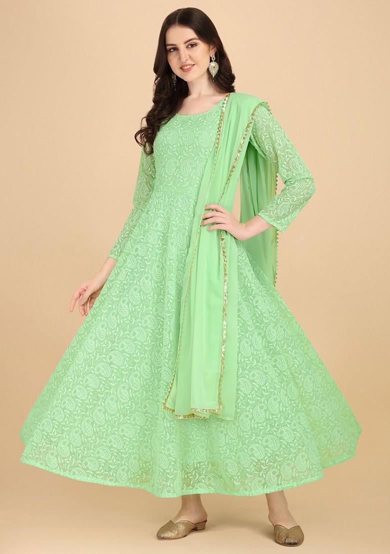 Green Ethnic Motifs Embroidery Poly Blend Anarkali Set