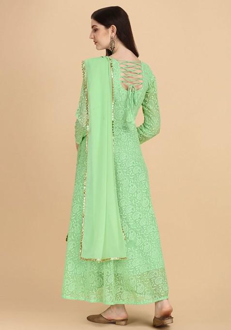 Green Ethnic Motifs Embroidery Poly Blend Anarkali Set