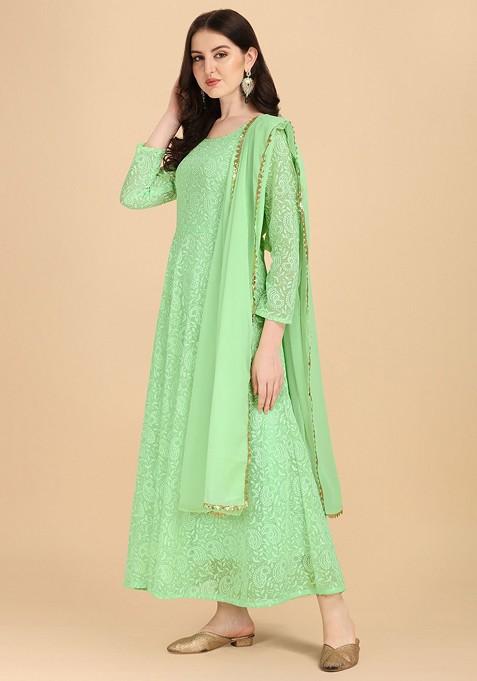 Green Ethnic Motifs Embroidery Poly Blend Anarkali Set