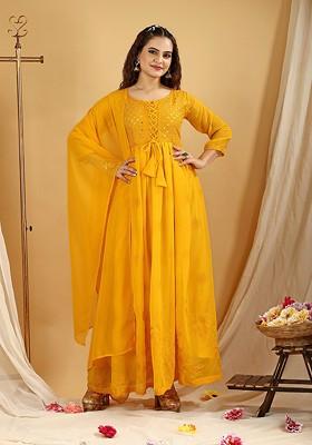 Mustard Floral Embroidered Georgette Anarkali Set