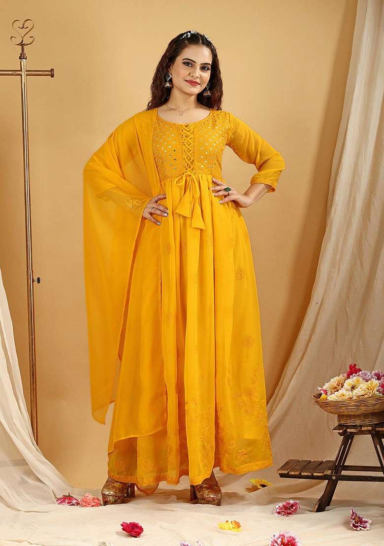 Mustard Embroidered Georgette Anarkali Set - Indya