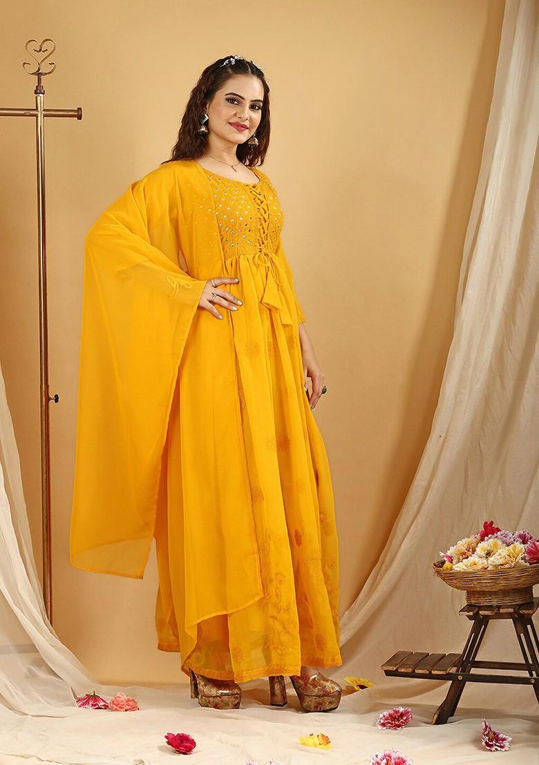 Mustard Floral Embroidered Georgette Anarkali Set