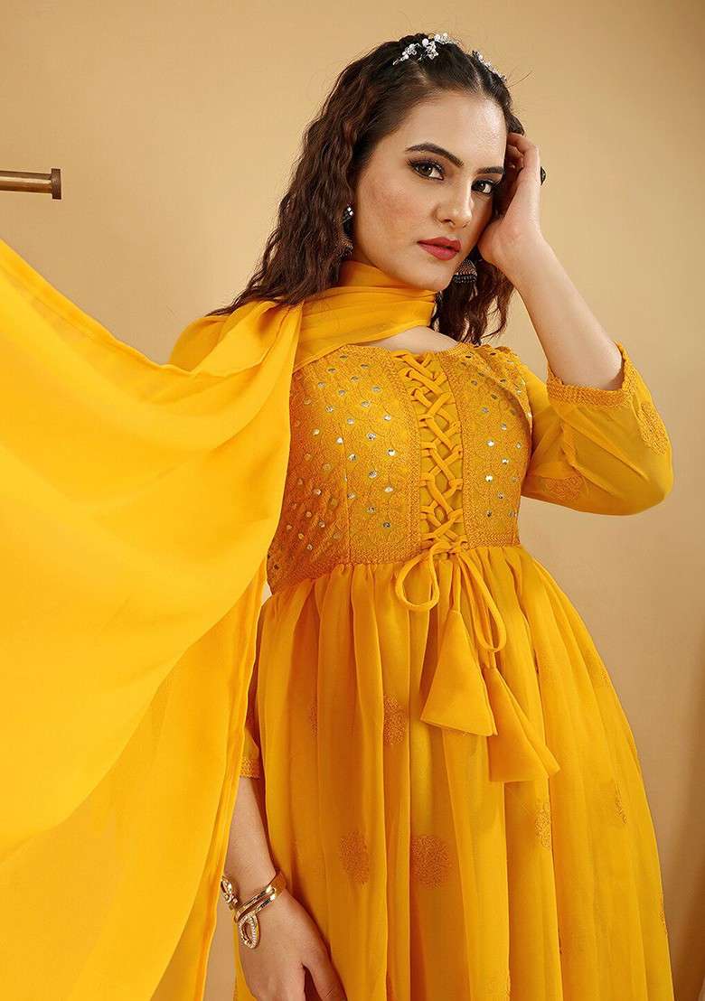 Mustard Embroidered Georgette Anarkali Set - Indya