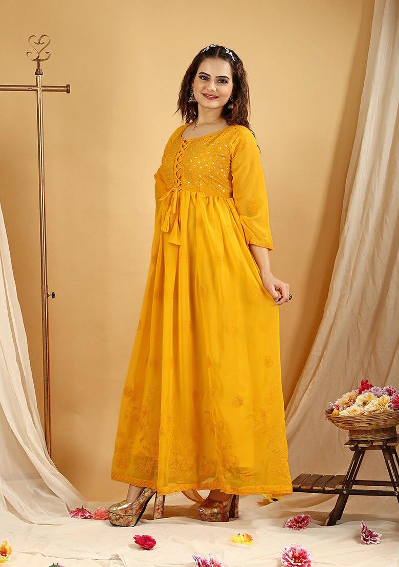 Mustard Floral Embroidered Georgette Anarkali Set