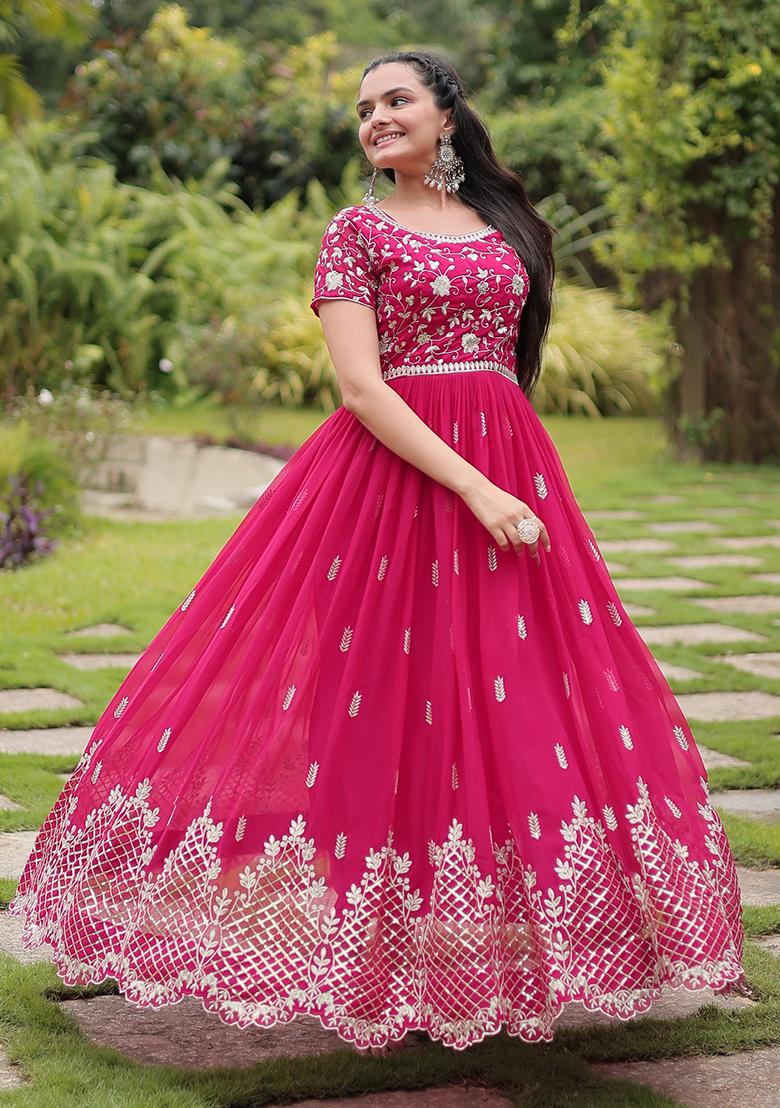 Pink Sequins Embroidered Georgette Anarkali Kurta Set