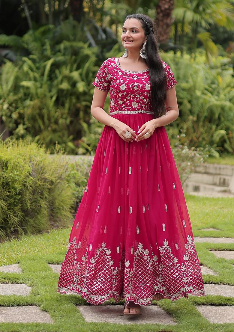 Pink Sequins Embroidered Georgette Anarkali Kurta Set