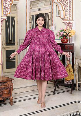 Magenta Bandhani Print Cotton Dress