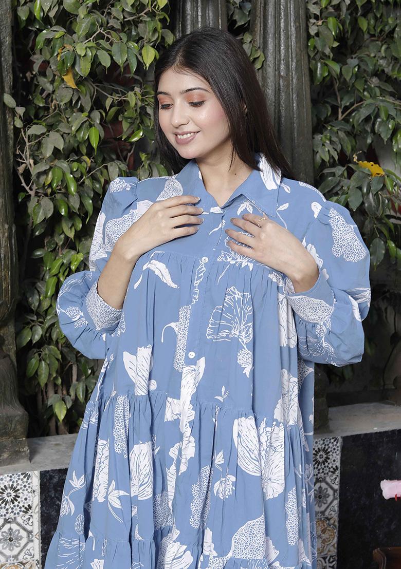 Sky Blue Printed Cotton Dress