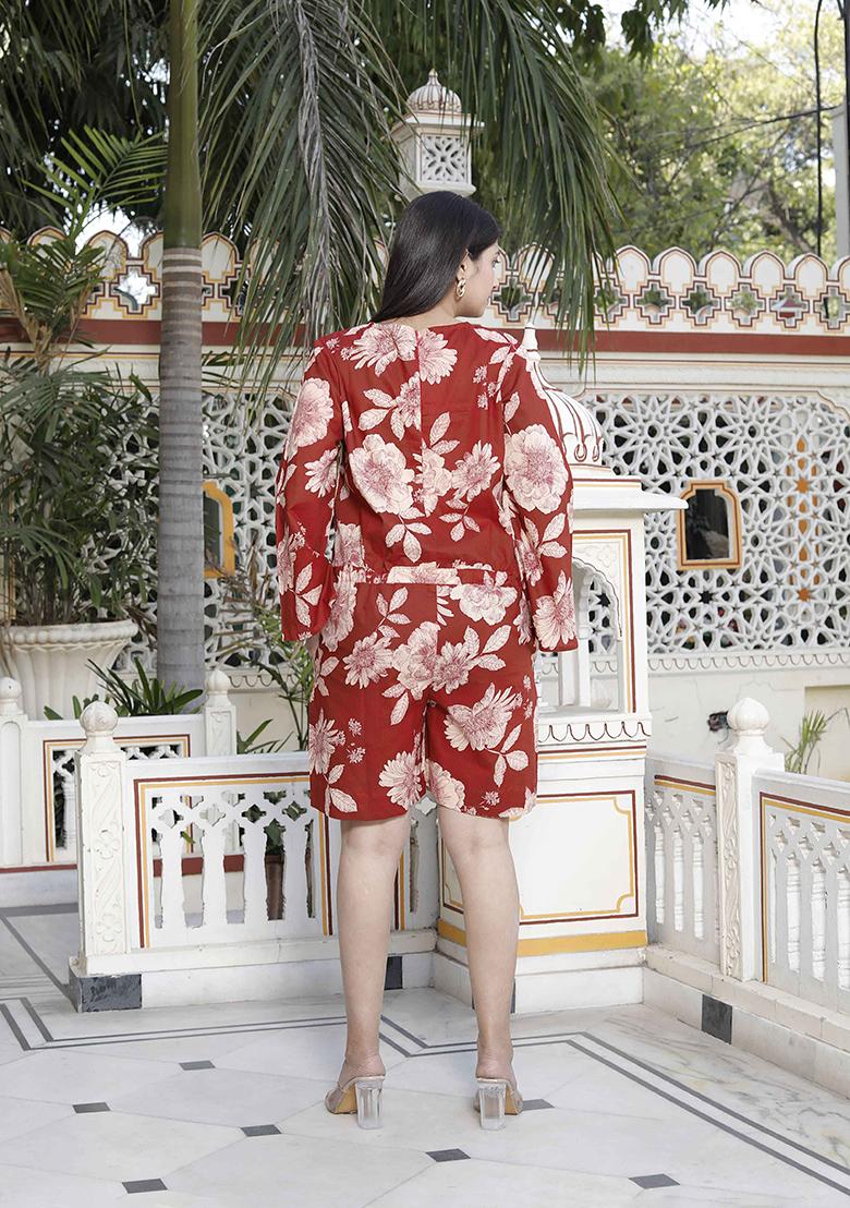 Red Printed Cotton Jumpsuit