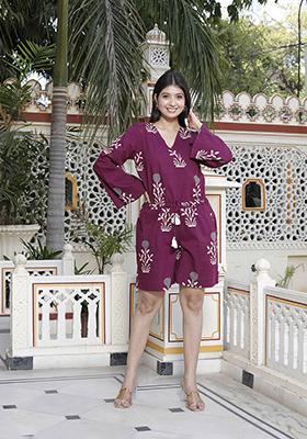 Wine Printed Cotton Jumpsuit