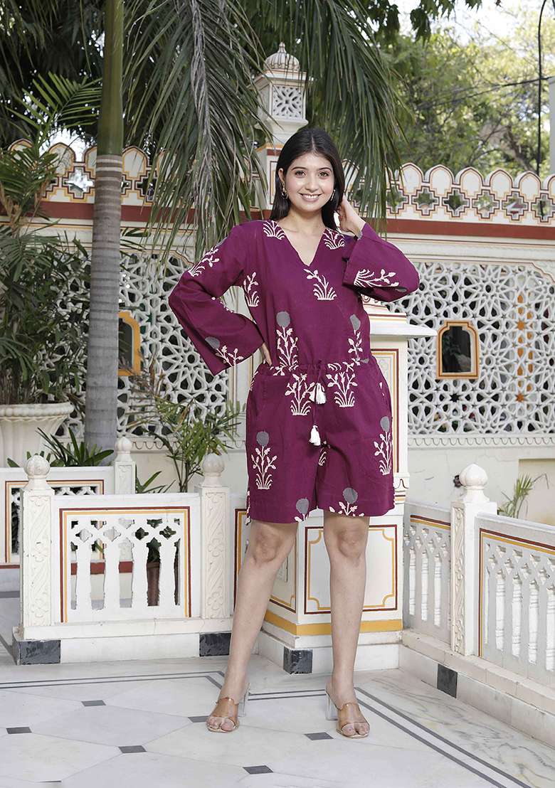Wine Printed Cotton Jumpsuit for Diwali and Festive Wear - Indya