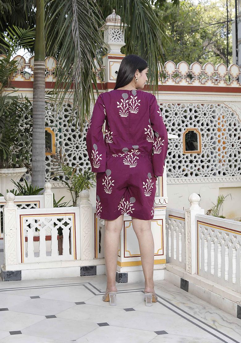 Wine Printed Cotton Jumpsuit