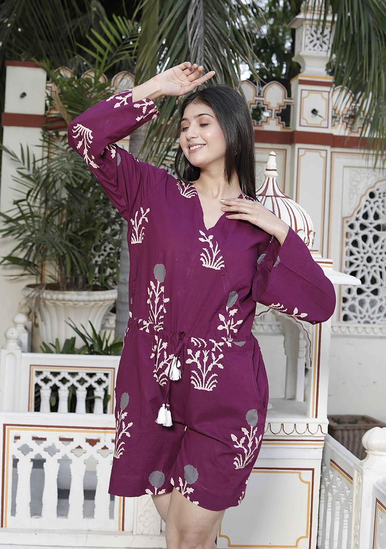 Wine Printed Cotton Jumpsuit