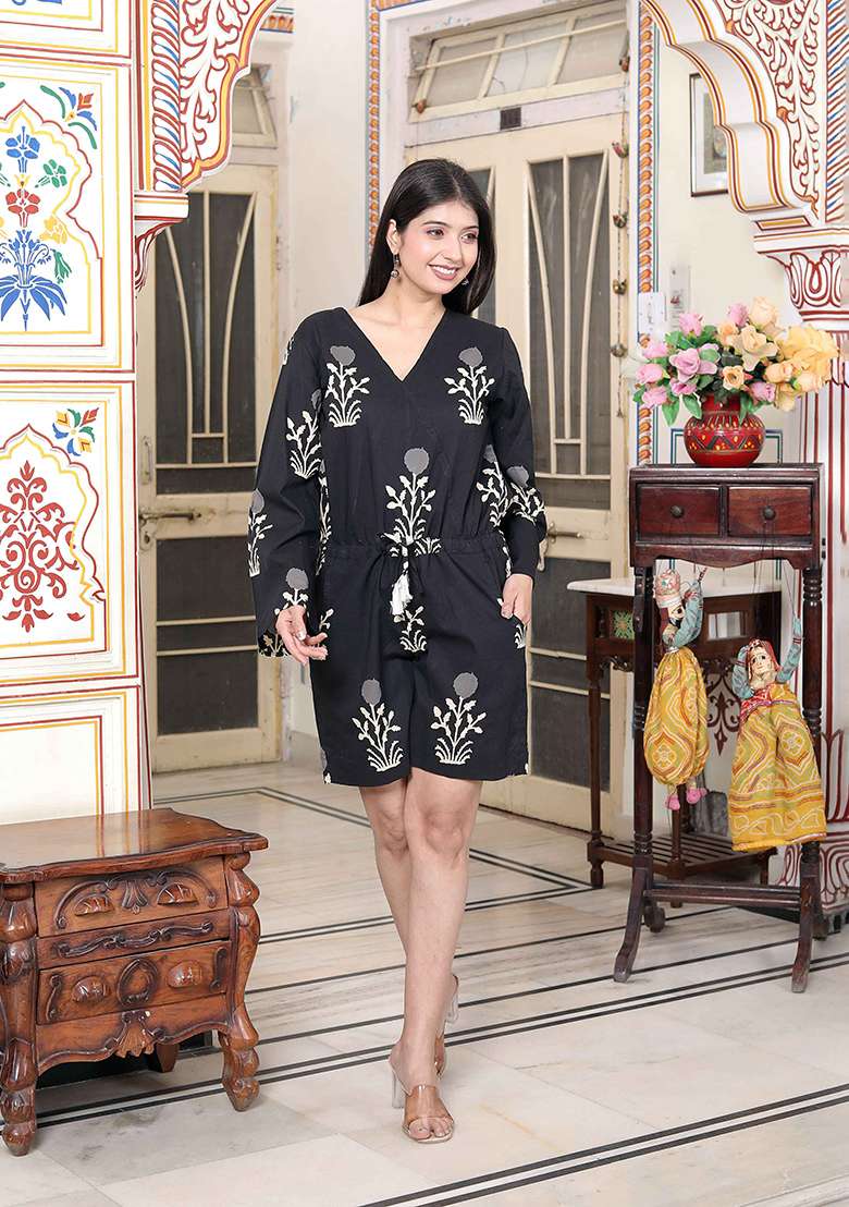 Black Cotton Jumpsuit with Printed for Diwali | Wedding & Festive Wear - Indya