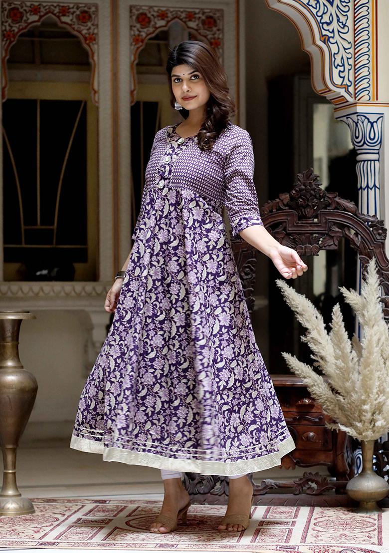 Purple Printed Cotton Anarkali Kurta