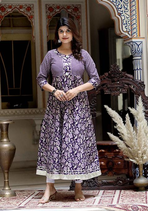 Purple Printed Cotton Anarkali Kurta