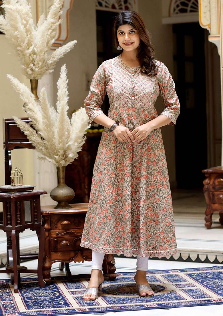 Brown Floral Print Cotton Kurta - Indya