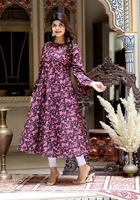 Maroon Printed Cotton Anarkali Kurta