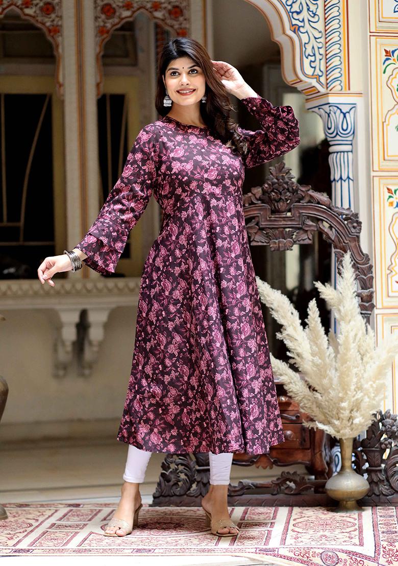 Maroon Printed Cotton Anarkali Kurta