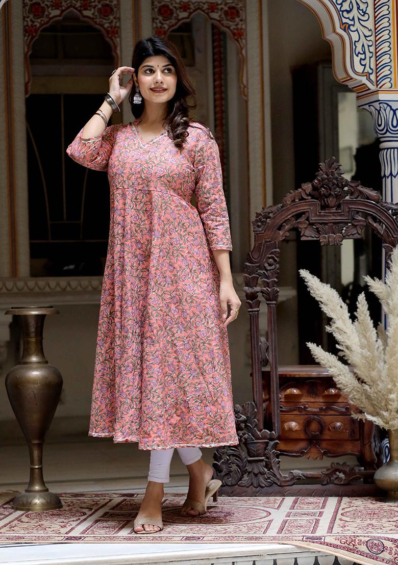 Orange Printed Cotton Anarkali Kurta