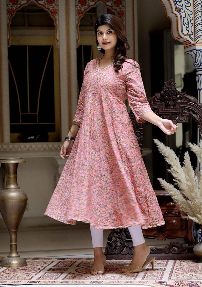 Orange Printed Cotton Anarkali Kurta