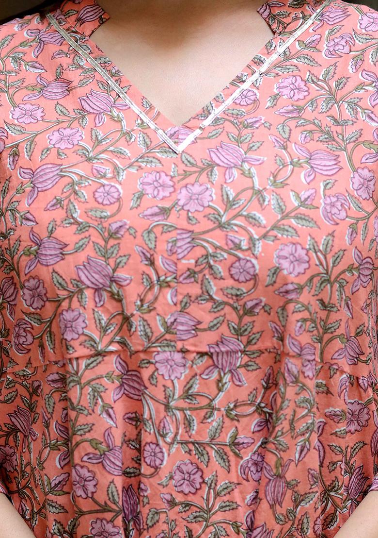 Orange Printed Cotton Anarkali Kurta