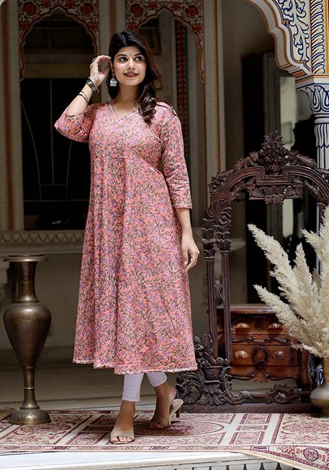 Orange Printed Cotton Anarkali Kurta