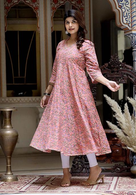 Orange Printed Cotton Anarkali Kurta