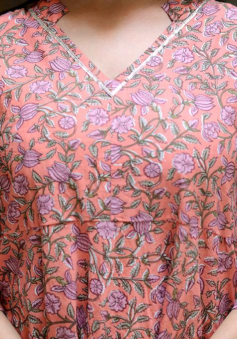 Orange Printed Cotton Anarkali Kurta