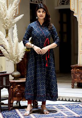 Blue Printed Cotton Anarkali Kurta