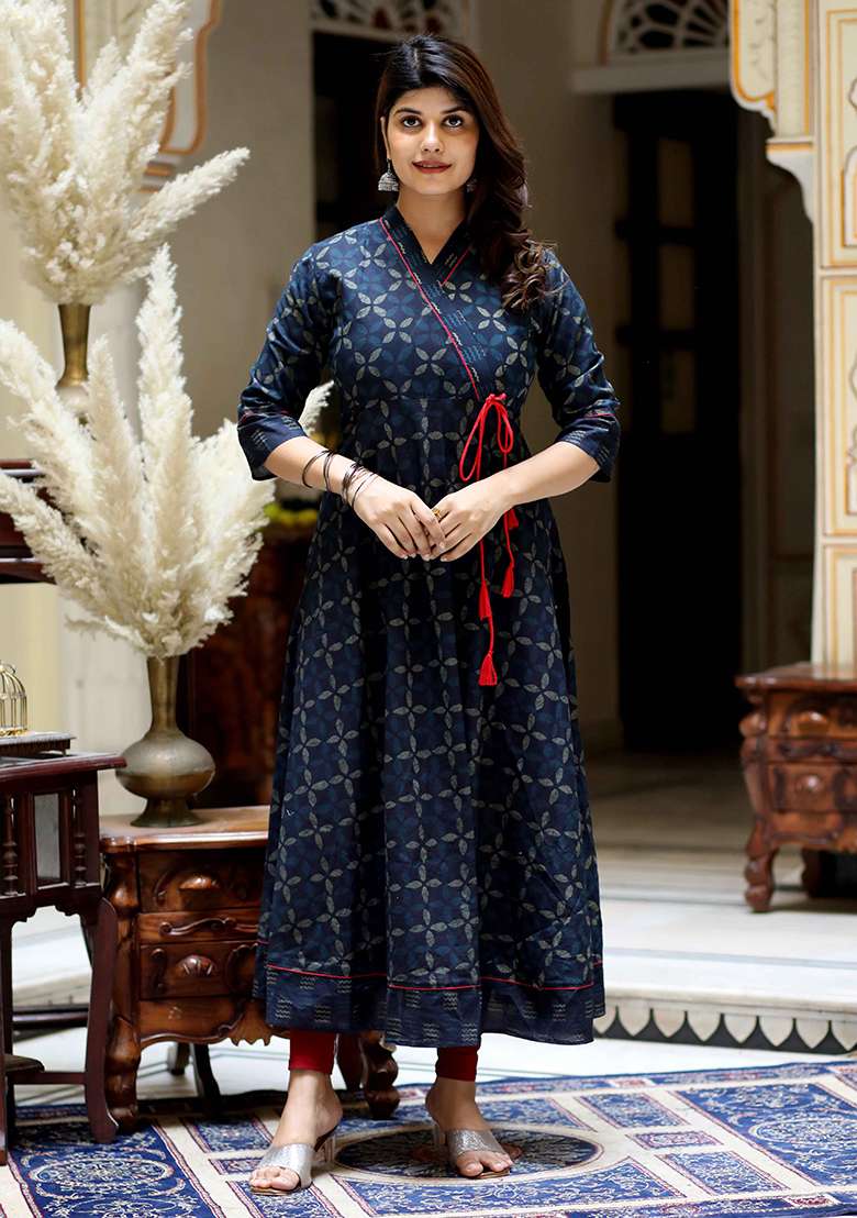 Blue Printed Cotton Gown - Indya