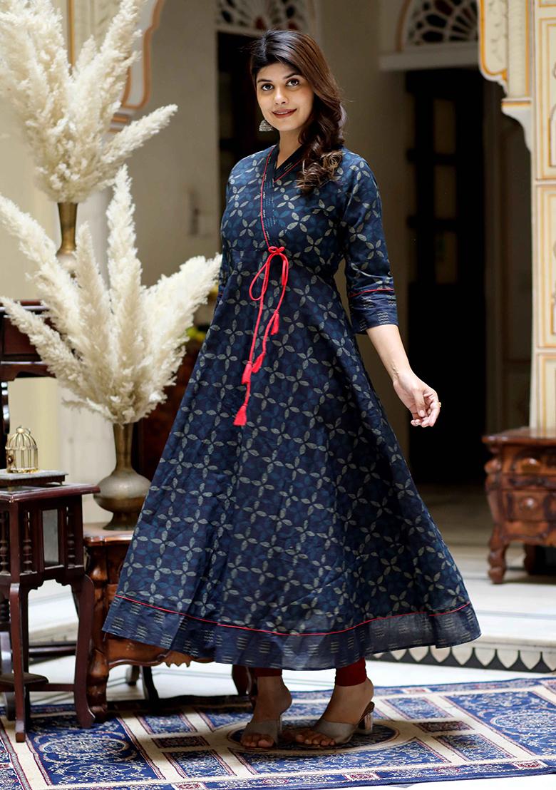 Blue Printed Cotton Anarkali Kurta