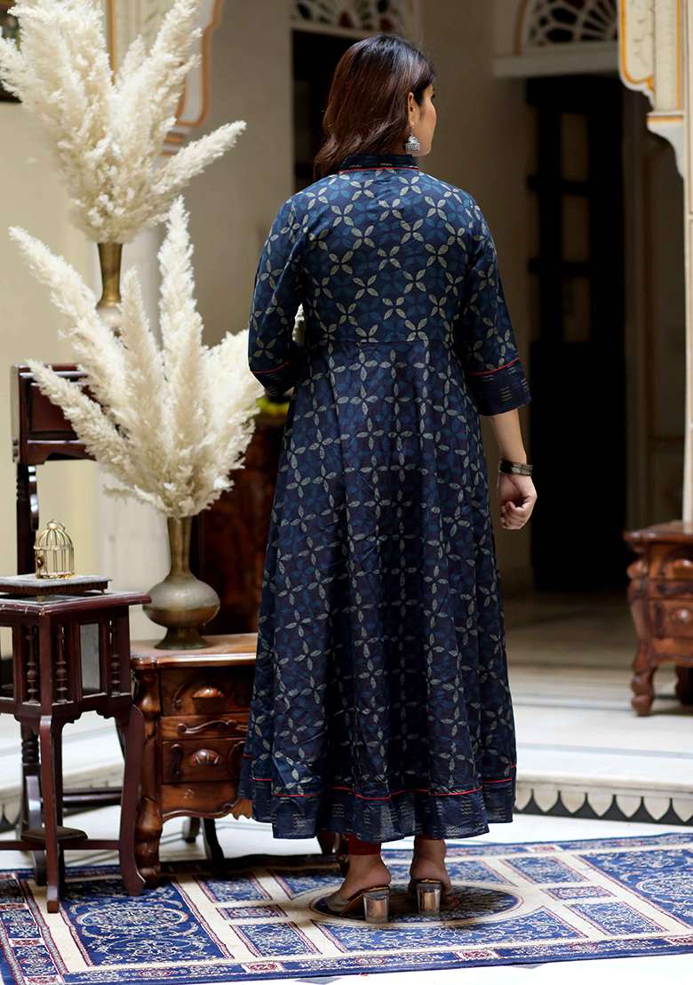 Blue Printed Cotton Gown - Indya