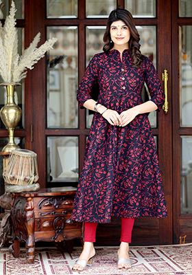 Maroon Printed Cotton Anarkali Kurta
