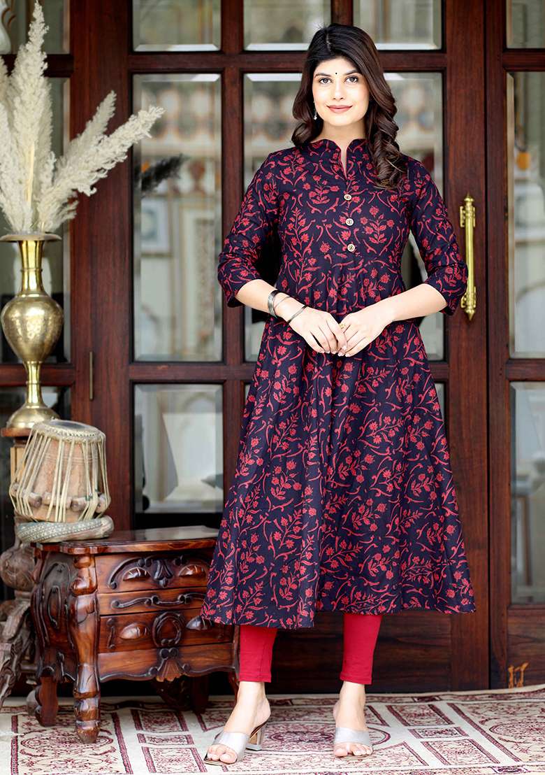 Maroon Printed Cotton A Line Kurta Set - Indya