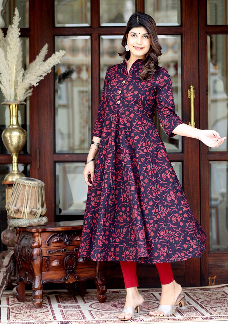 Maroon Printed Cotton Anarkali Kurta