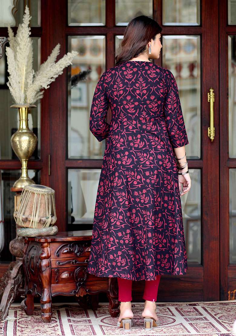 Maroon Printed Cotton A Line Kurta Set - Indya