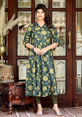Green Printed Cotton Anarkali Kurta