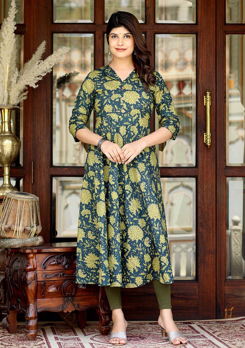Green Printed Cotton Anarkali Kurta