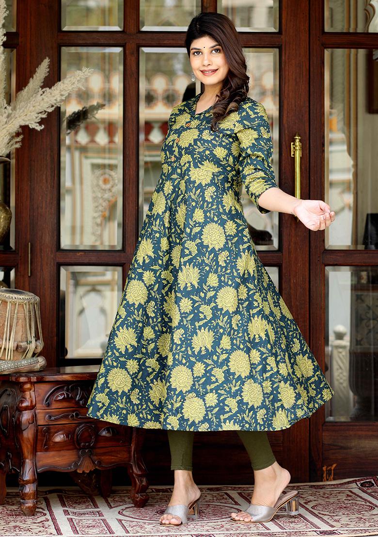 Green Printed Cotton Anarkali Kurta