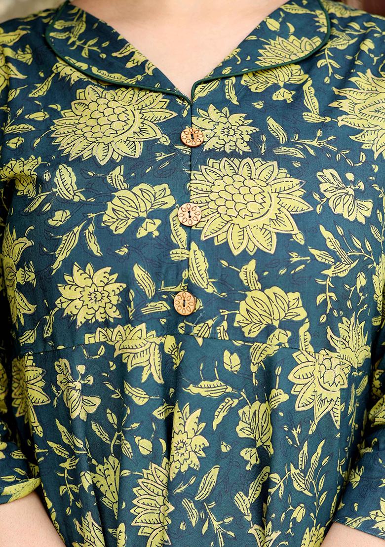 Green Printed Cotton Anarkali Kurta